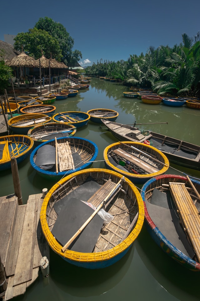 Round bamboo basket boats in Cam Thanh coconut forest
